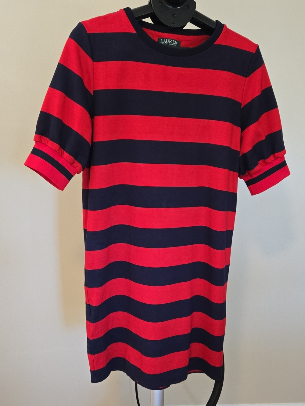 Lauren Ralph Lauren Red and Navy Striped Knit Shift Dress